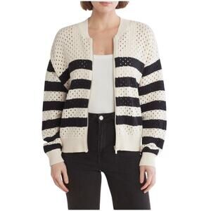 SANCTUARY Sweater Size XS NEW Open Knit Bomber Cardigan Cream Black Full Zip